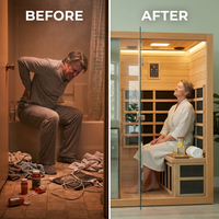 1 Person Extendable FAR Infrared Sauna for Home, Hemlock Wood Low EMF 6 Carbon Heaters Indoor Saunas with LED Lights, Bluetooth Speaker, Digital Control Panel, and Seating Bench — Before & After