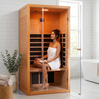 1 Person Extendable FAR Infrared Sauna for Home, Hemlock Wood Low EMF 6 Carbon Heaters Indoor Saunas with LED Lights, Bluetooth Speaker, Digital Control Panel, and Seating Bench — Lifestyle